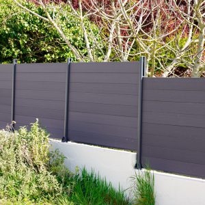 high-grey-fence-modern-barrier-aluminum-slats-suburb-house-protection-view-home